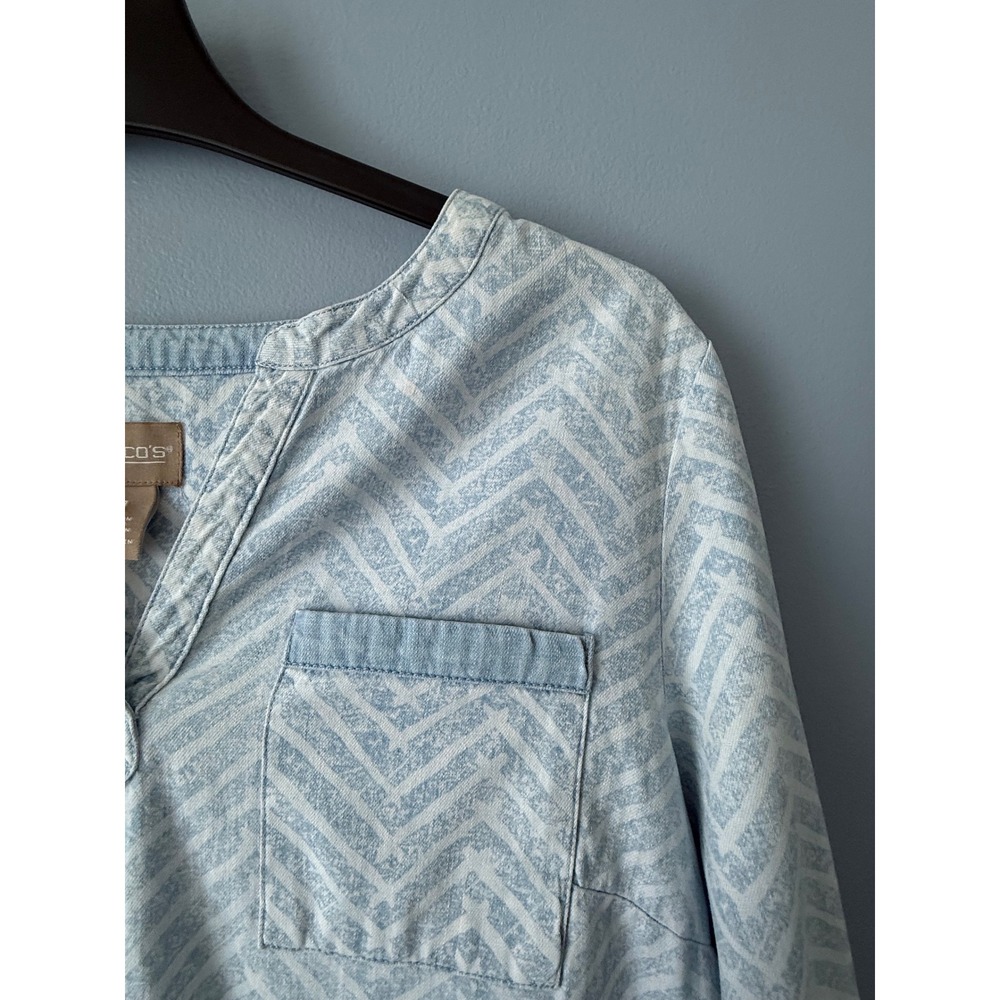 Chico's Blue Patterned Cotton Tunic Hi-Low 3/4 Sleeve Front Pockets Size 1 (M/8) - Picture 4 of 13